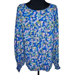Women Plus 2X Floral Blue Long Sleeve Top Boho Feminine Garden Cottagecore